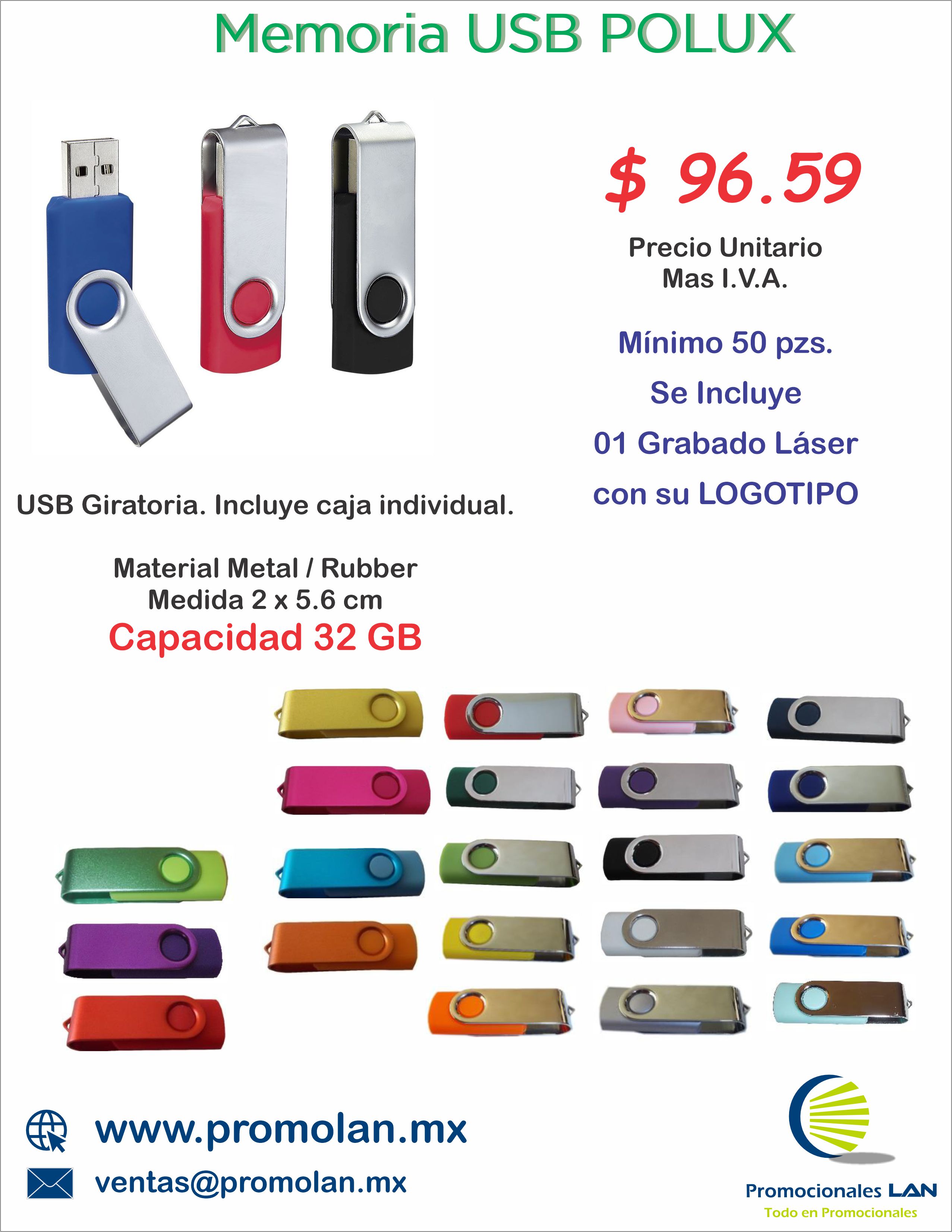 Memoria USB giratoria POLUX, ideal para promociones empresariales y eventos, proporcionando una opción práctica y personalizable